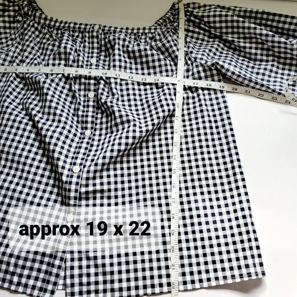 Black White Checkered Peasant Top 3/4 Sleeves | Gingham | Medium - Picture 11 of 13